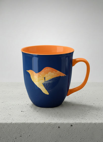 Ronny Mug | Dream Big mug with surreal flying bird illustration in sunset colors by Tang Yau Hoong - Gallery By Inhesion
