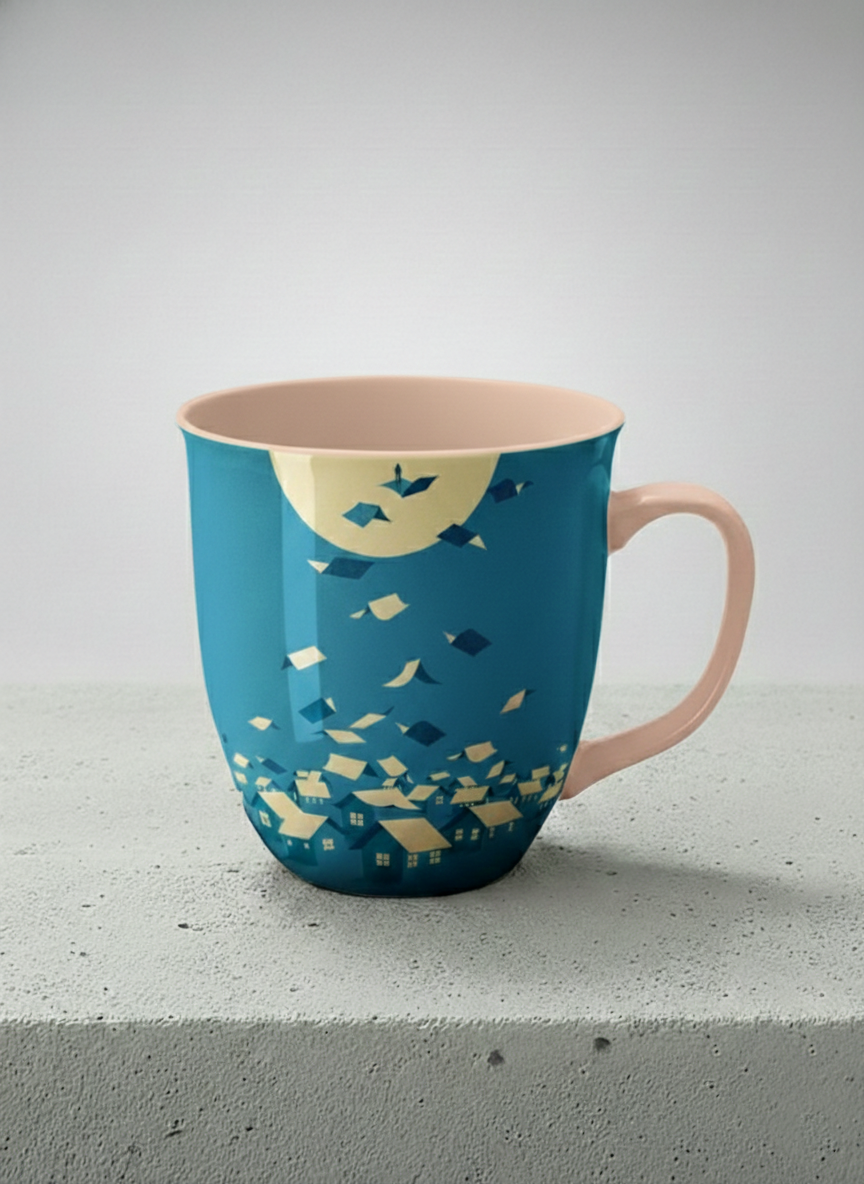 Ronny Mug | House of Wings mug with whimsical house roof flying over a night cityscape by Tang Yau Hoong - Gallery By Inhesion