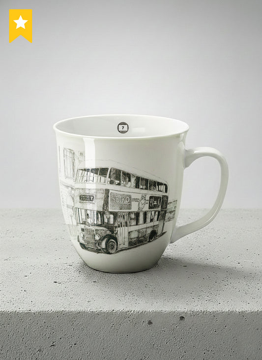 Ronny Mug | Lines of the Past mug showing a pen drawing bus in Hong Kong by Samuel Kwok - Gallery By Inhesion