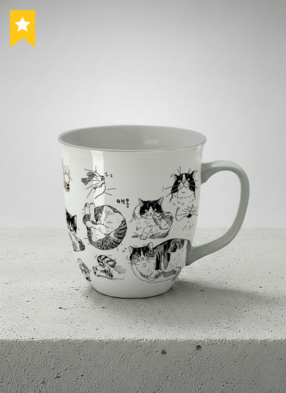ronny mug | Moments of Curiosity mug  ink-sketched cats in playful poses with Korean script on white, grey interior, by Hyun Jung Cho
