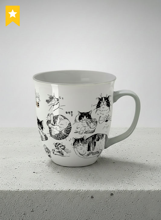 ronny mug | Moments of Curiosity mug  ink-sketched cats in playful poses with Korean script on white, grey interior, by Hyun Jung Cho