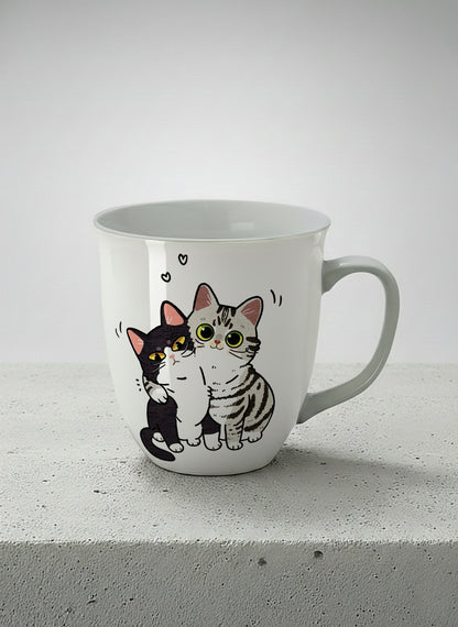 Ronny Mug | Best Buddies mug small tuxedo cat leaning into a chubby tabby with tiny floating hearts, sage interior, by Hyun Jung Cho