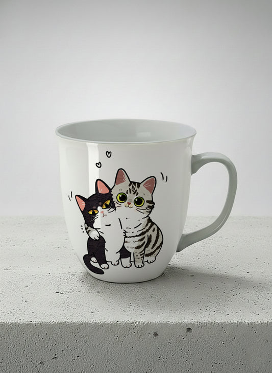 Ronny Mug | Best Buddies mug small tuxedo cat leaning into a chubby tabby with tiny floating hearts, sage interior, by Hyun Jung Cho