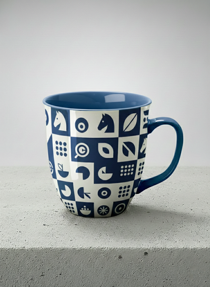 Ronny Mug | Multiversal Sigils mug, navy and white checkerboard pattern with icons, blue interior and handle, by Alan CL Lee - Gallery By Inhesion