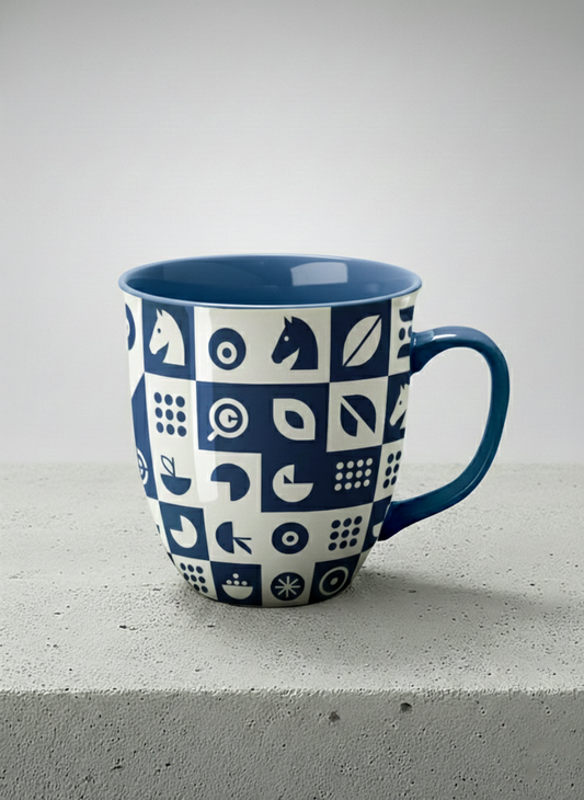 Ronny Mug | Multiversal Sigils mug, navy and white checkerboard pattern with icons, blue interior and handle, by Alan CL Lee - Gallery By Inhesion
