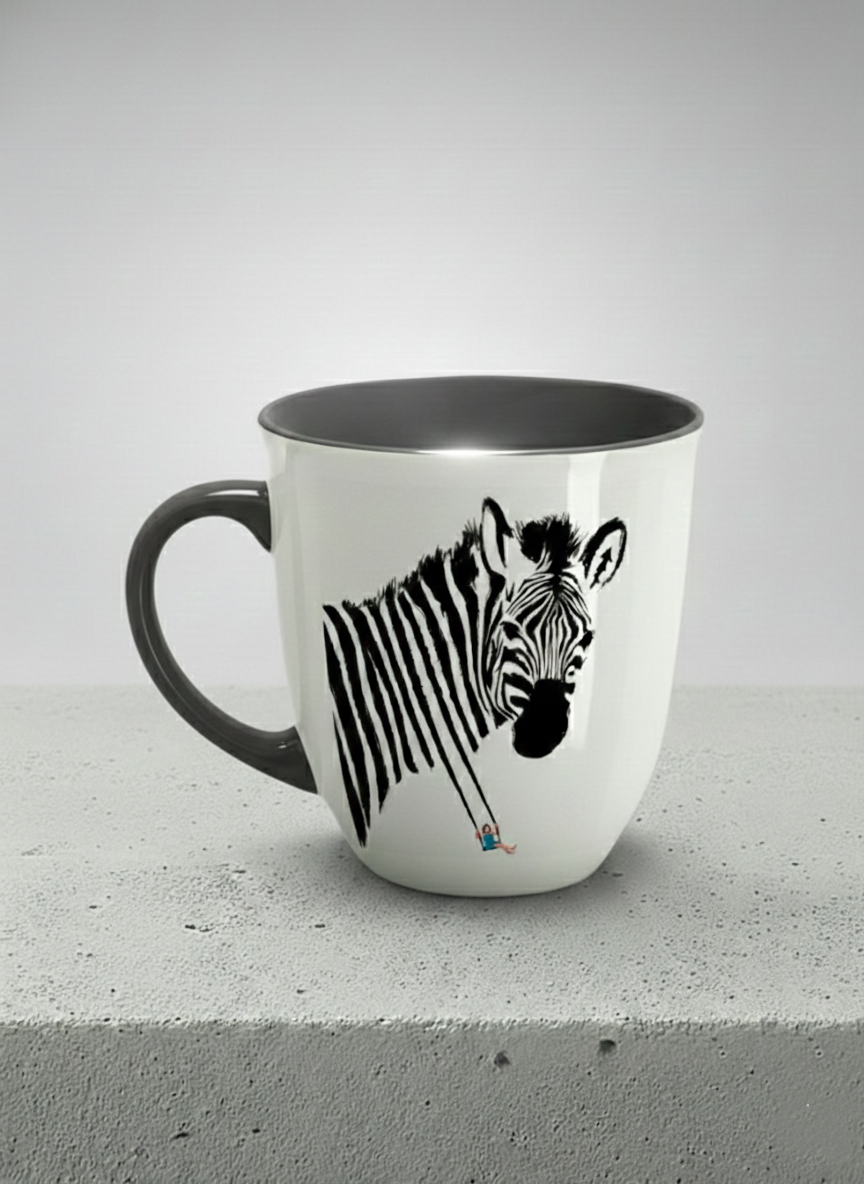 Ronny Mug | Swinging between reality and illusion mug with a zebra illustration and a person swinging under it by Tang Yau Hoong - Gallery By Inhesion