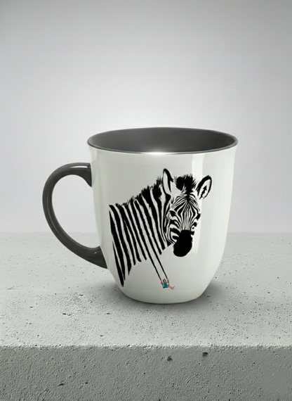 Ronny Mug | Swinging between reality and illusion mug with a zebra illustration and a person swinging under it by Tang Yau Hoong - Gallery By Inhesion