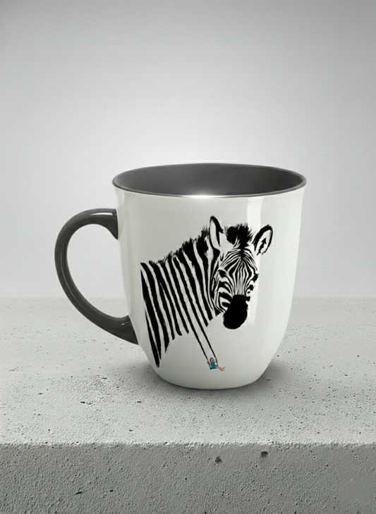 Ronny Mug | Swinging between reality and illusion mug with a zebra illustration and a person swinging under it by Tang Yau Hoong - Gallery By Inhesion