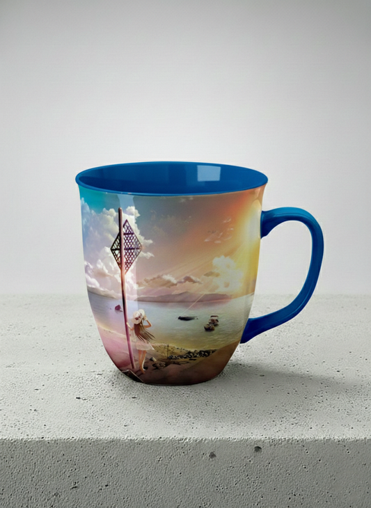 Ronny Mug | The Shore of Summer Longing mug showing a scenic beach illustration with a girl and a sunset by Samuel Kwok - Gallery By Inhesion
