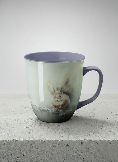 ronny mug | Caught in Frost mug, wide-eyed squirrel emerging from a misty winter ground, slate blue interior and handle, by Karina Mosser - Gallery By Inhesion