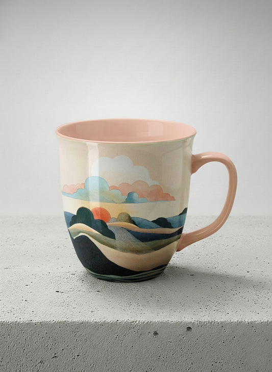ronny mug | Sunset at the River mug rolling hills and dark treetops beneath a soft peach sky with blush and teal clouds and a glowing setting sun, warm peach interior and handle, by KikaG - Gallery By Inhesion