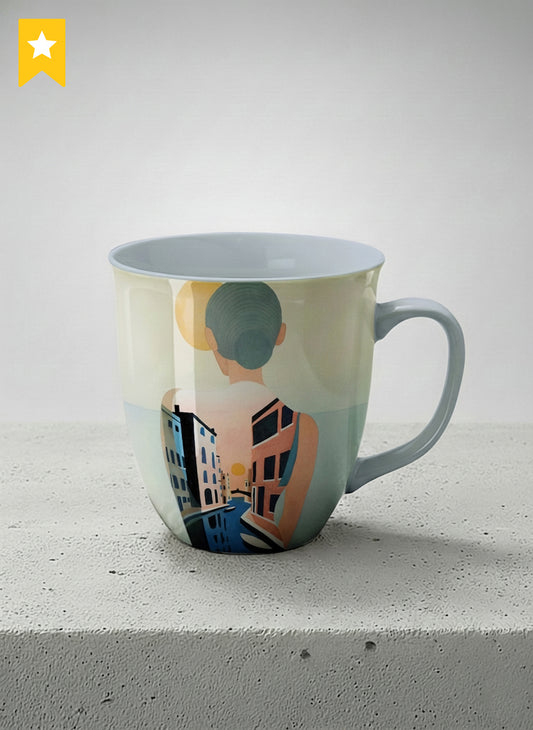 ronny mug | Memory on the Bridge mug a solitary figure gazing over a sunlit Venetian canal lined with terracotta buildings, soft powder blue interior and handle, by KikaG - Gallery By Inhesion