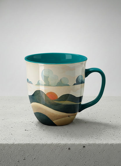 ronny mug | Share a Sunset mug a lone figure walking through rolling sand dunes beneath a glowing orange sun and layered teal clouds, deep teal interior and handle, by KikaG - Gallery By Inhesion