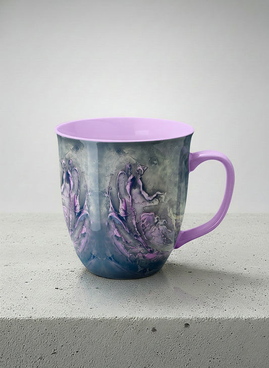 Ronny Mug | Modern purple tea mug with elegant abstract floral-inspired marbling, pastel handle, and contemporary design for home or office use.