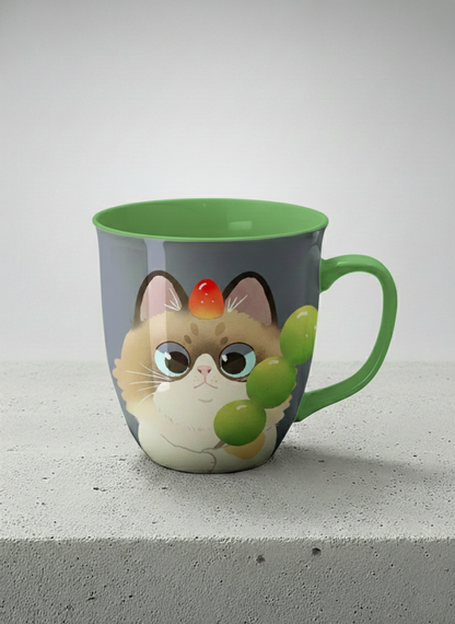 Ronny Mug | My Shiny Treat mug grumpy fluffy cat clutching green grapes, tiny red mushroom hat, slate blue background, green interior, by Hyun Jung Cho