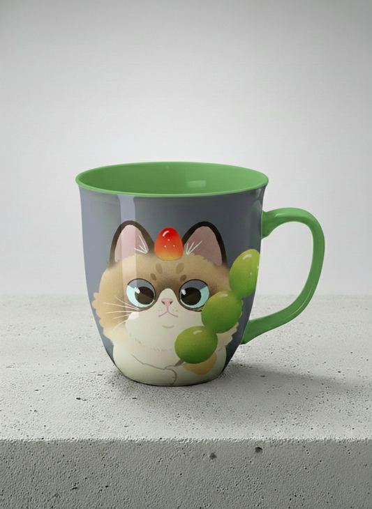 Ronny Mug | My Shiny Treat mug grumpy fluffy cat clutching green grapes, tiny red mushroom hat, slate blue background, green interior, by Hyun Jung Cho