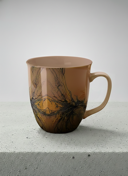 Ronny Mug | Flowing Essence mug showing abstract marbled pattern in brown, black, and gold tones by Mersedes Mein - Gallery By Inhesion