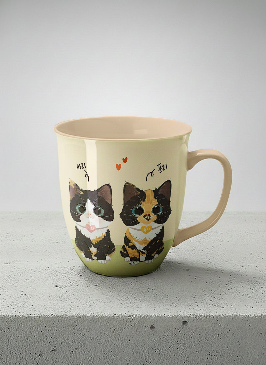 ronny mug | Our Precious Pair mug, two adorable tuxedo cats side by side with Korean name tags and tiny red hearts, soft cream interior and handle, by Hyun Jung Cho - Gallery By Inhesion