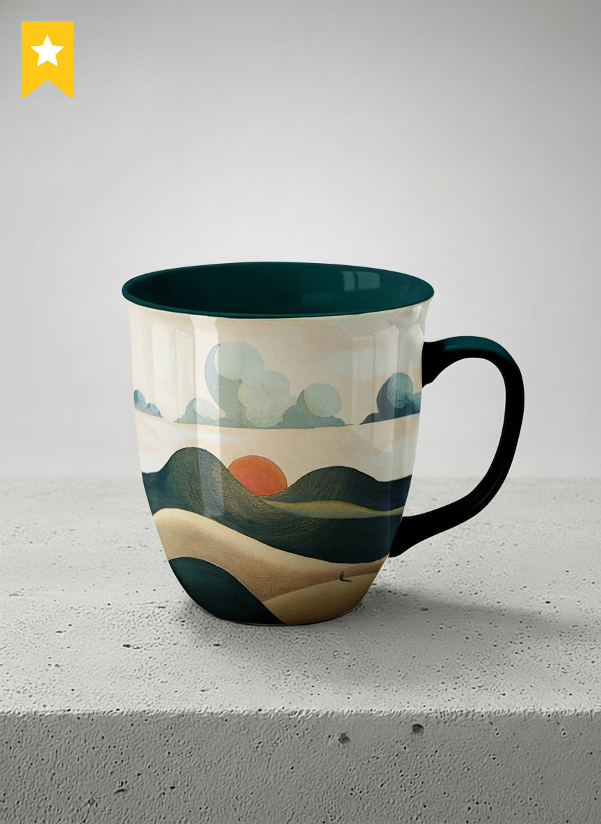 ronny mug | Share a Sunset mug a lone figure walking through rolling sand dunes beneath a glowing orange sun and layered teal clouds, deep teal interior and handle, by KikaG - Gallery By Inhesion