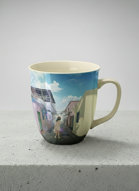 Ronny Mug | The Secret Passage mug showing a colorful street scene with a girl walking in a vibrant alley by Samuel Kwok - Gallery By Inhesion