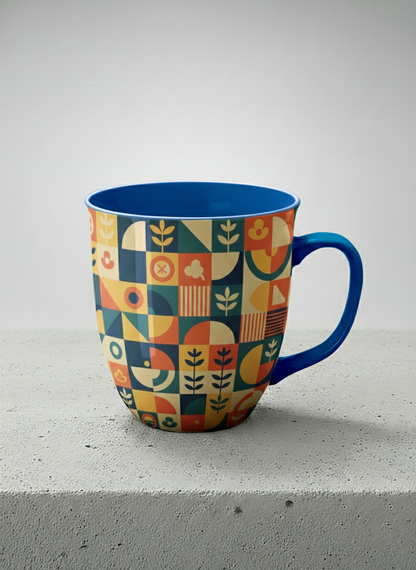 Ronny Mug | Bloom Across Realities mug, bold geometric pattern, blue interior and handle, concrete surface  by Alan CL Lee - Gallery By Inhesion