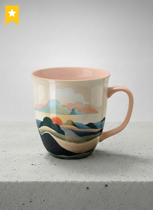 ronny mug | Sunset at the River mug rolling hills and dark treetops beneath a soft peach sky with blush and teal clouds and a glowing setting sun, warm peach interior and handle, by KikaG - Gallery By Inhesion