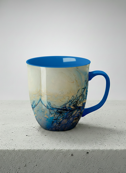 Ronny Mug | Touches of depth mug showing abstract pattern in blue, white, and gold by Mersedes Mein - Gallery By Inhesion