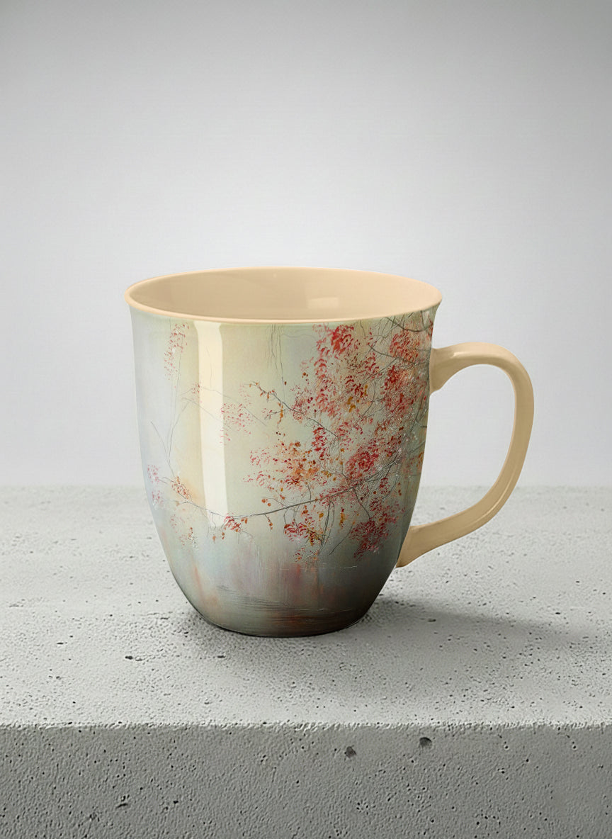 ronny mug | Quiet Waters mug, delicate red blossoms and fine branches drifting across a soft celadon mist, warm cream interior and handle, by Karina Mosser - Gallery By Inhesion
