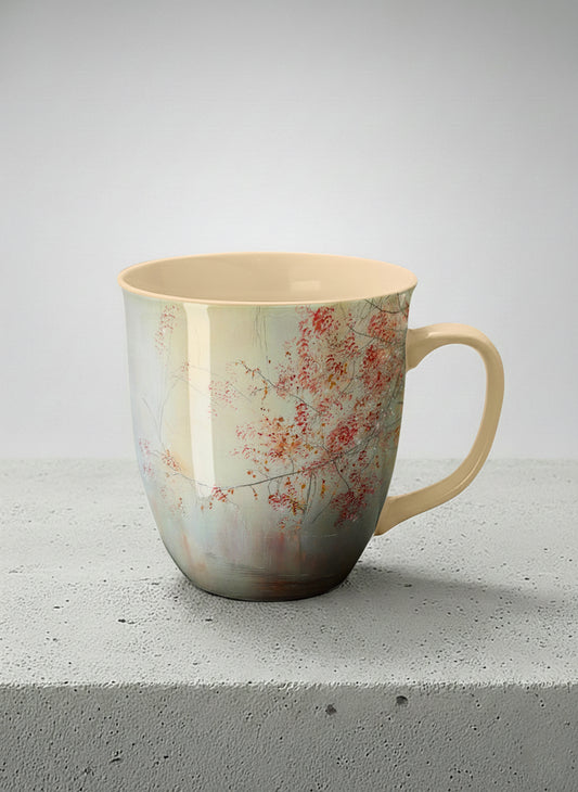 ronny mug | Quiet Waters mug, delicate red blossoms and fine branches drifting across a soft celadon mist, warm cream interior and handle, by Karina Mosser - Gallery By Inhesion