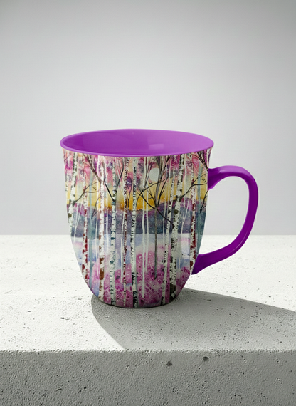 Ronny Mug | Living in Colour mug shows colorful watercolor birch trees in a dreamy forest landscape by Renee Pupetz - Gallery By Inhesion