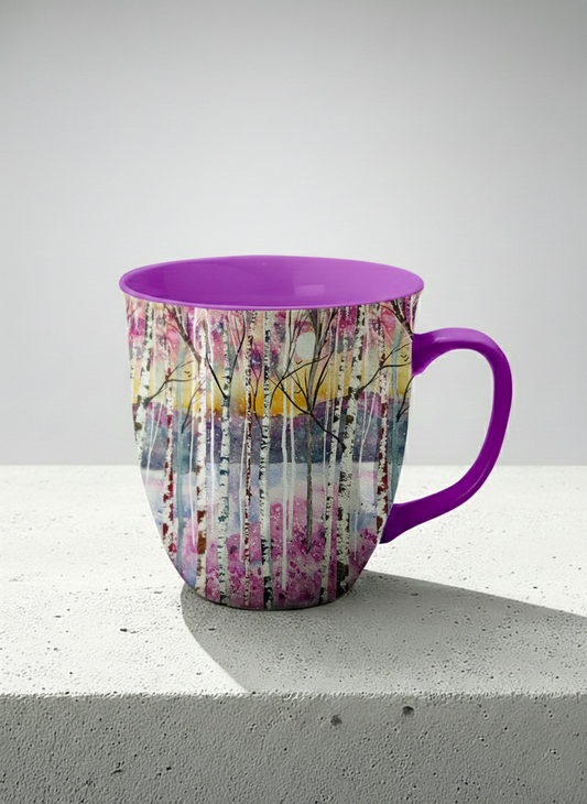 Ronny Mug | Living in Colour mug shows colorful watercolor birch trees in a dreamy forest landscape by Renee Pupetz - Gallery By Inhesion
