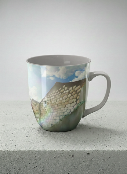 Ronny Mug | The Timeless Facade mug ancient stone walls rising under a bright blue sky with soft drifting clouds, clean pearl white interior and handle,  by Samuel Kwok Gallery By Inhesion