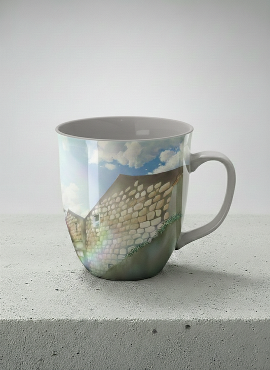 Ronny Mug | The Timeless Facade mug ancient stone walls rising under a bright blue sky with soft drifting clouds, clean pearl white interior and handle,  by Samuel Kwok Gallery By Inhesion