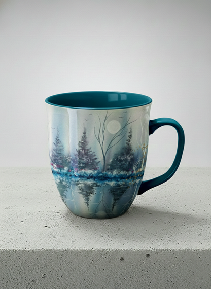 Ronny Mug | Winter Reflections on a Frosted Slope mug showing a serene landscape with trees, water, and a moon design by Renee Pupetz - Gallery By Inhesion