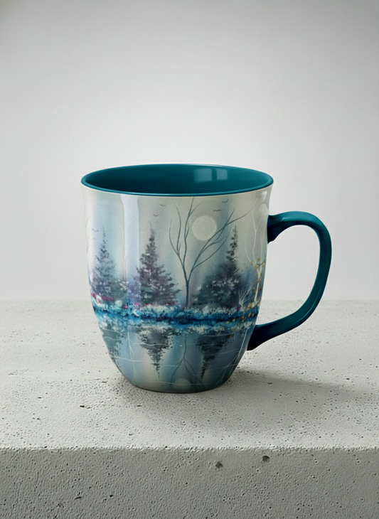 Ronny Mug | Winter Reflections on a Frosted Slope mug showing a serene landscape with trees, water, and a moon design by Renee Pupetz - Gallery By Inhesion