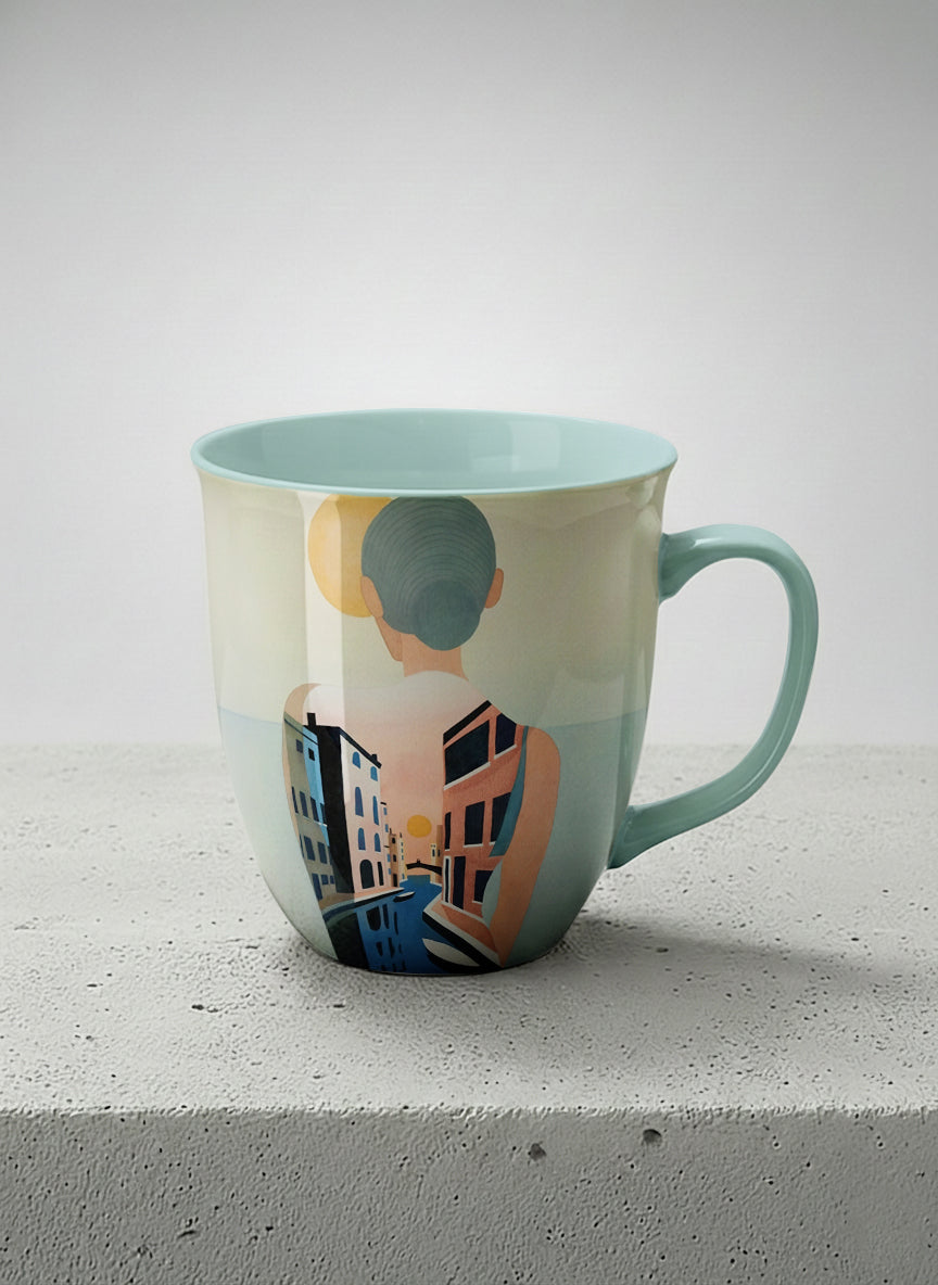ronny mug | Memory on the Bridge mug a solitary figure gazing over a sunlit Venetian canal lined with terracotta buildings, soft powder blue interior and handle, by KikaG - Gallery By Inhesion