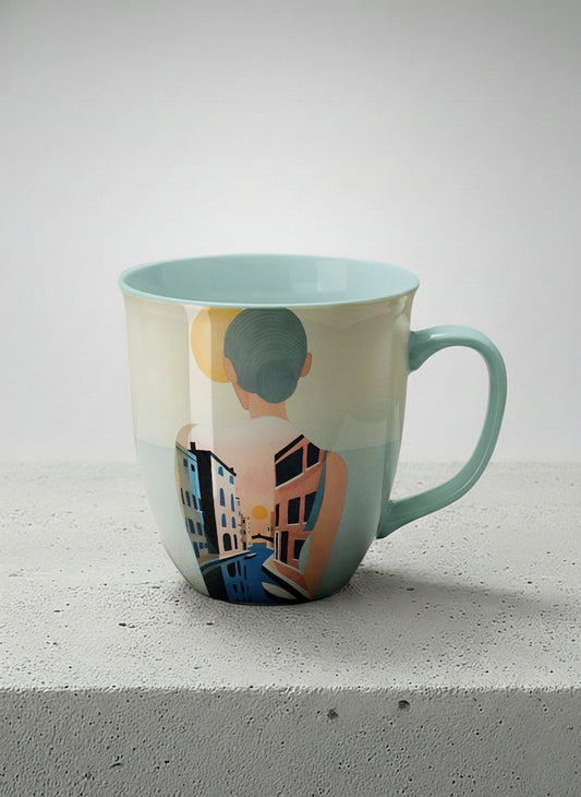 ronny mug | Memory on the Bridge mug a solitary figure gazing over a sunlit Venetian canal lined with terracotta buildings, soft powder blue interior and handle, by KikaG - Gallery By Inhesion