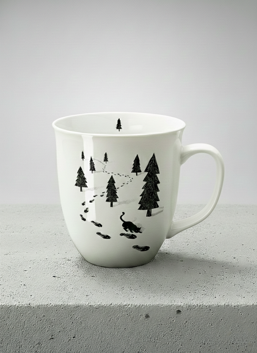 Ronny Mug | The Curious Cat mug shows a sketch of a cat following fish-shaped footprints by Tang Yau Hoong - Gallery By Inhesion