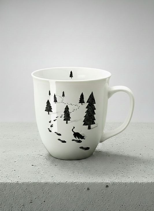 Ronny Mug | The Curious Cat mug shows a sketch of a cat following fish-shaped footprints by Tang Yau Hoong - Gallery By Inhesion