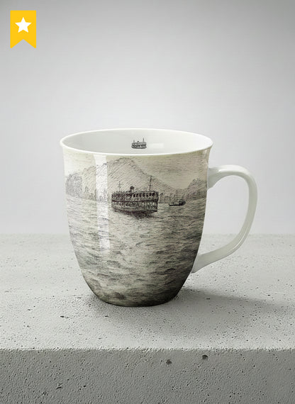 Ronny Mug | Shimmering Passage mug showing a pen drawing Star Ferry in Hong Kong by Samuel Kwok - Gallery By Inhesion
