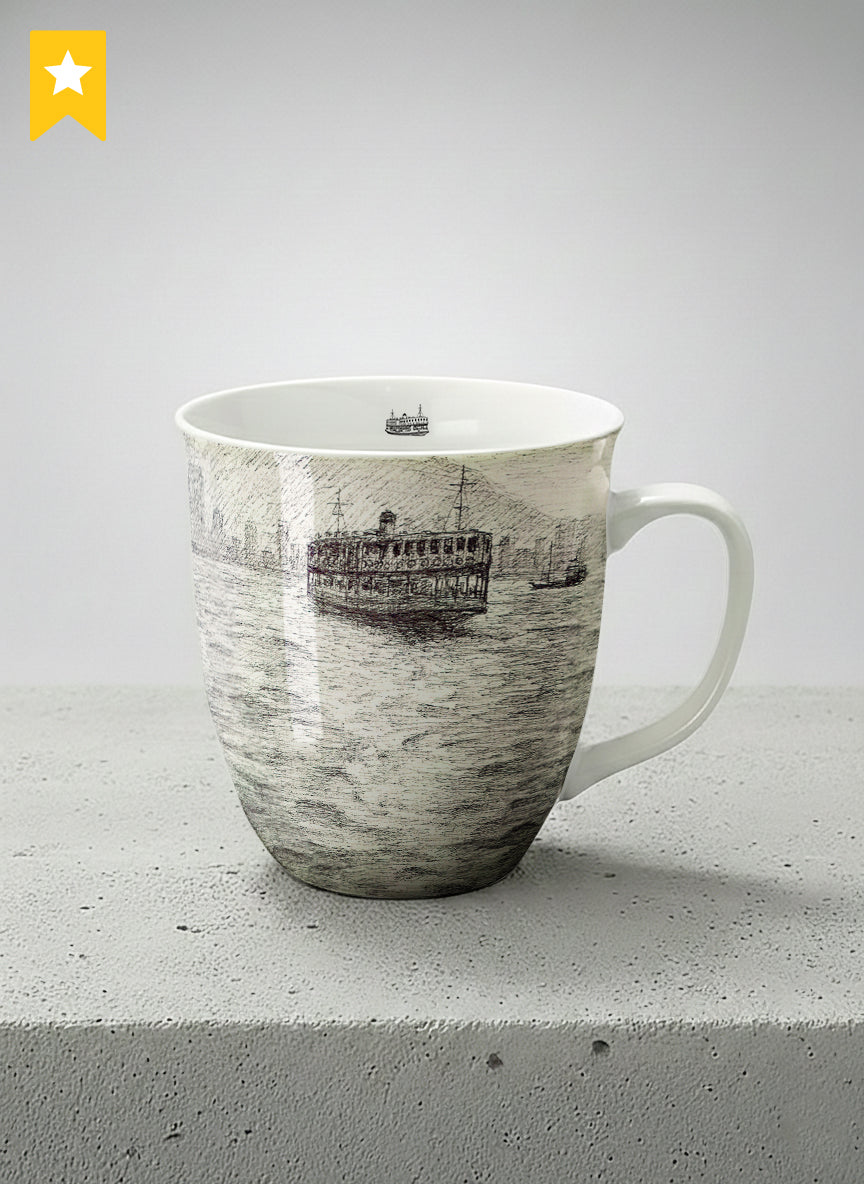 Ronny Mug | Shimmering Passage mug showing a pen drawing Star Ferry in Hong Kong by Samuel Kwok - Gallery By Inhesion