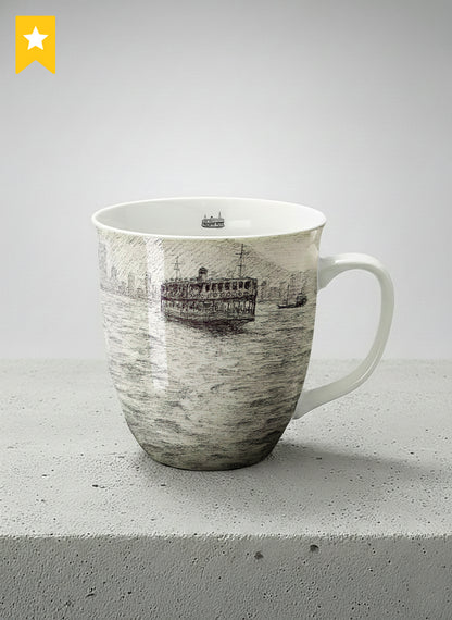 Ronny Mug | Shimmering Passage mug showing a pen drawing Star Ferry in Hong Kong by Samuel Kwok - Gallery By Inhesion