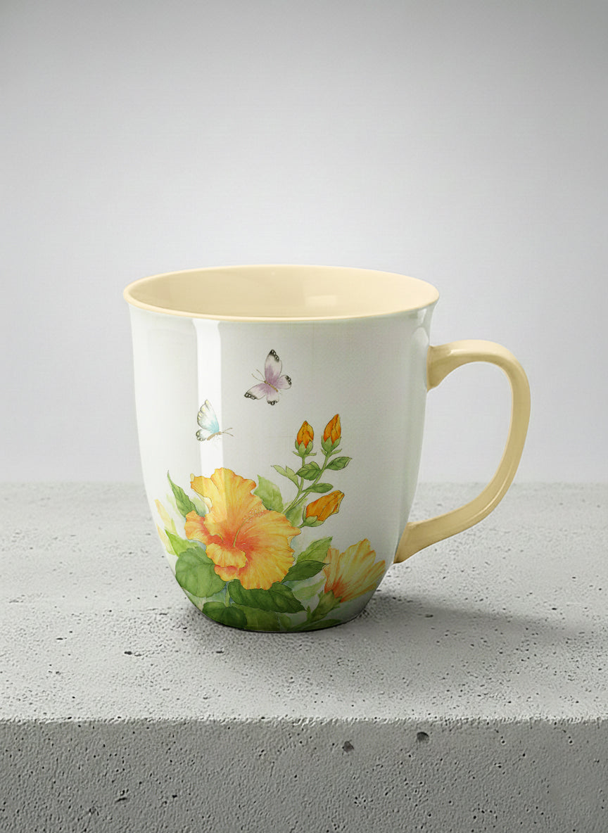 Ronny Mug | Butterfly Lovers mug with watercolor butterflies and vibrant yellow/orange flowers by Alice Wong - Gallery By Inhesion