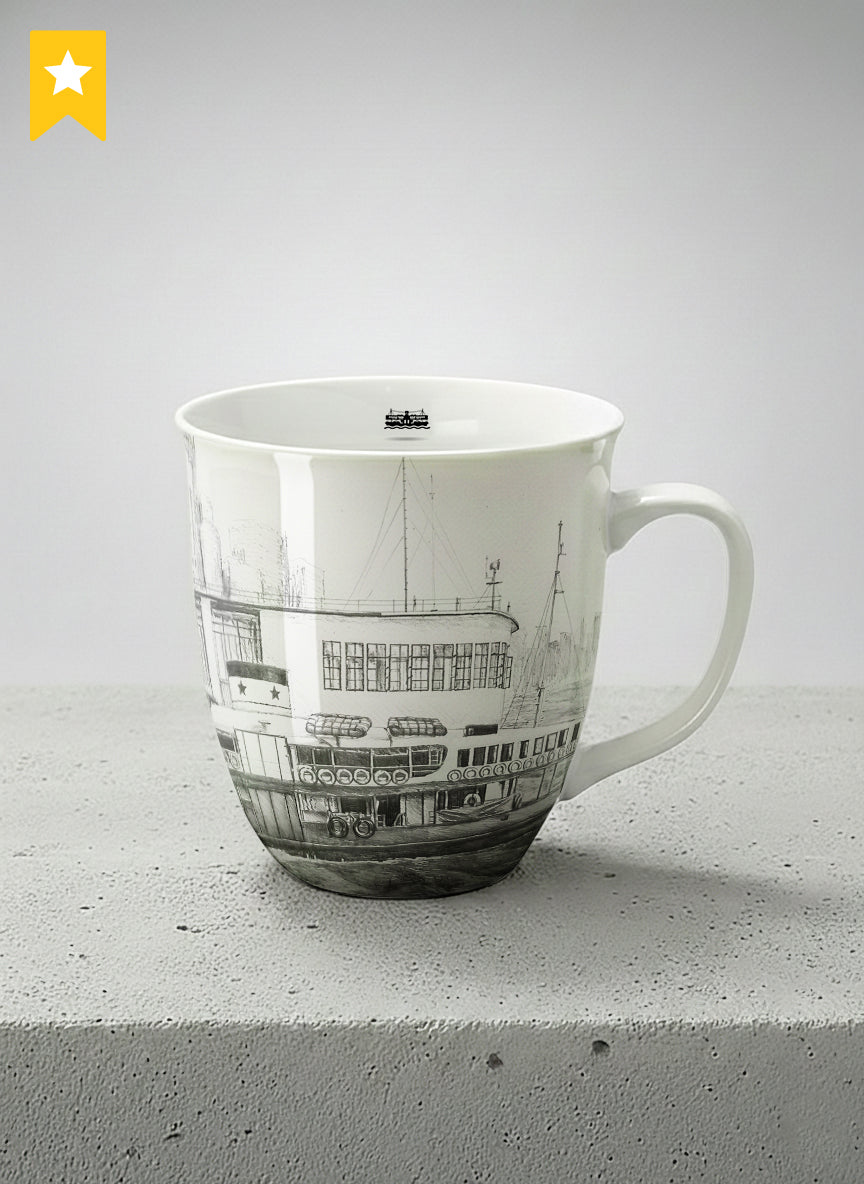 Ronny Mug | The Star of the Harbor mug showing a sketch of Star Ferry Pier in Hong Kong by Samuel Kwok - Gallery By Inhesion