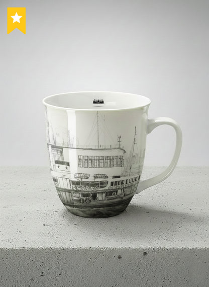 Ronny Mug | The Star of the Harbor mug showing a sketch of Star Ferry Pier in Hong Kong by Samuel Kwok - Gallery By Inhesion