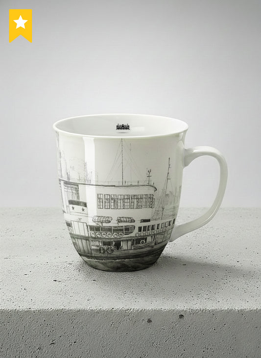 Ronny Mug | The Star of the Harbor mug showing a sketch of Star Ferry Pier in Hong Kong by Samuel Kwok - Gallery By Inhesion