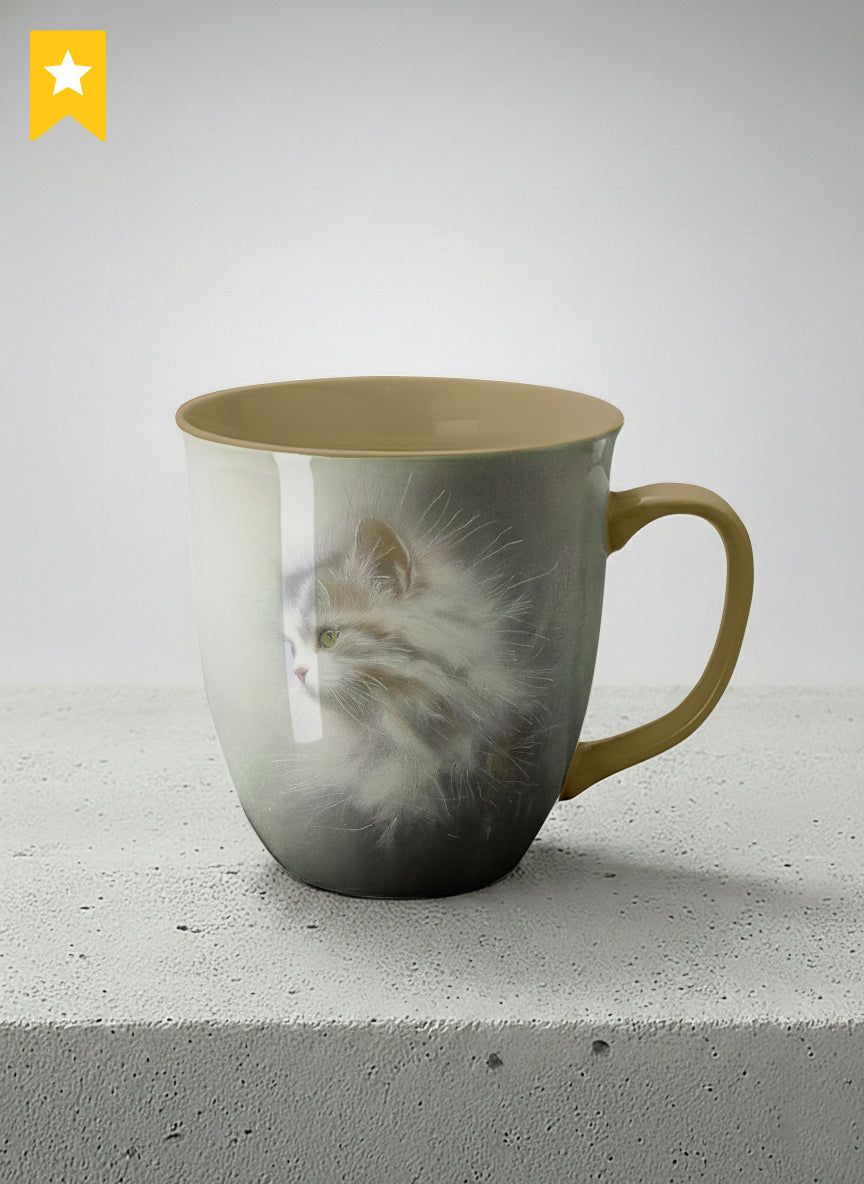 Ronny Mug | Wild and Free mug, photorealistic cat portrait emerging from a soft smoky mist, warm beige interior and handle, by Karina Mosser - Gallery By Inhesion