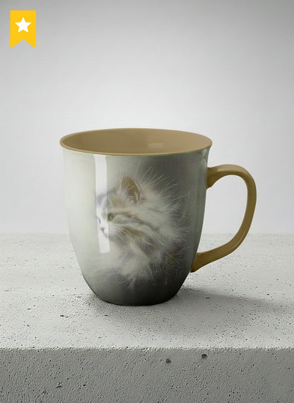 Ronny Mug | Wild and Free mug, photorealistic cat portrait emerging from a soft smoky mist, warm beige interior and handle, by Karina Mosser - Gallery By Inhesion