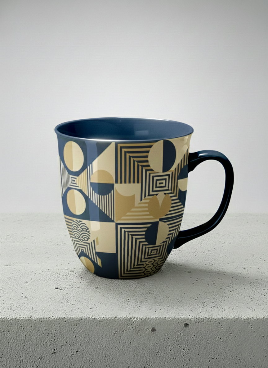 Ronny Mug | Fractured Horizon Drift mug, navy and gold geometric pattern, dark interior and handle, by Alan CL Lee - Gallery By Inhesion