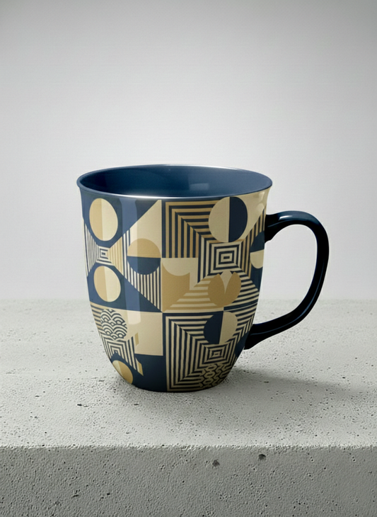 Ronny Mug | Fractured Horizon Drift mug, navy and gold geometric pattern, dark interior and handle, by Alan CL Lee - Gallery By Inhesion